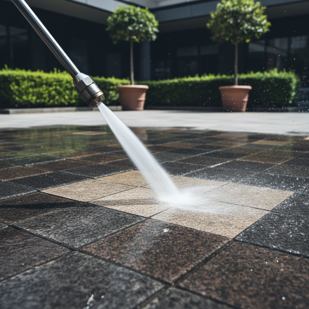 A geometric close-up of a high-powered pressure washer nozzle spraying a controlled, forceful jet of water onto a weathered, dark stone patio. The area being cleaned appears noticeably brighter and free of grime compared to the untouched section. The setting features the patio’s grid-like paving pattern with tidy landscaping in the blurred background, suggesting a private commercial courtyard. Cool, neutral daylight enhances the clarity of water droplets and brings out the subtle textures of the stone. Captured from a low angle and tight crop, the image employs a crisp, clean look with dynamic lines, highlighting the transformative effect and the professional, efficient nature of the company’s work.